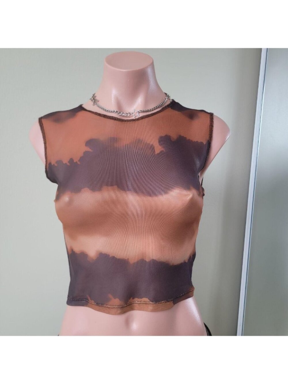 Brown Ombre Gradient Mesh See-Through Cyber Grunge Tank Top (S)